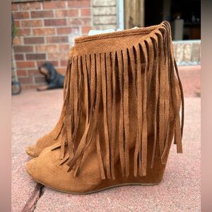Suede Fringe Wedge Booties - Brown